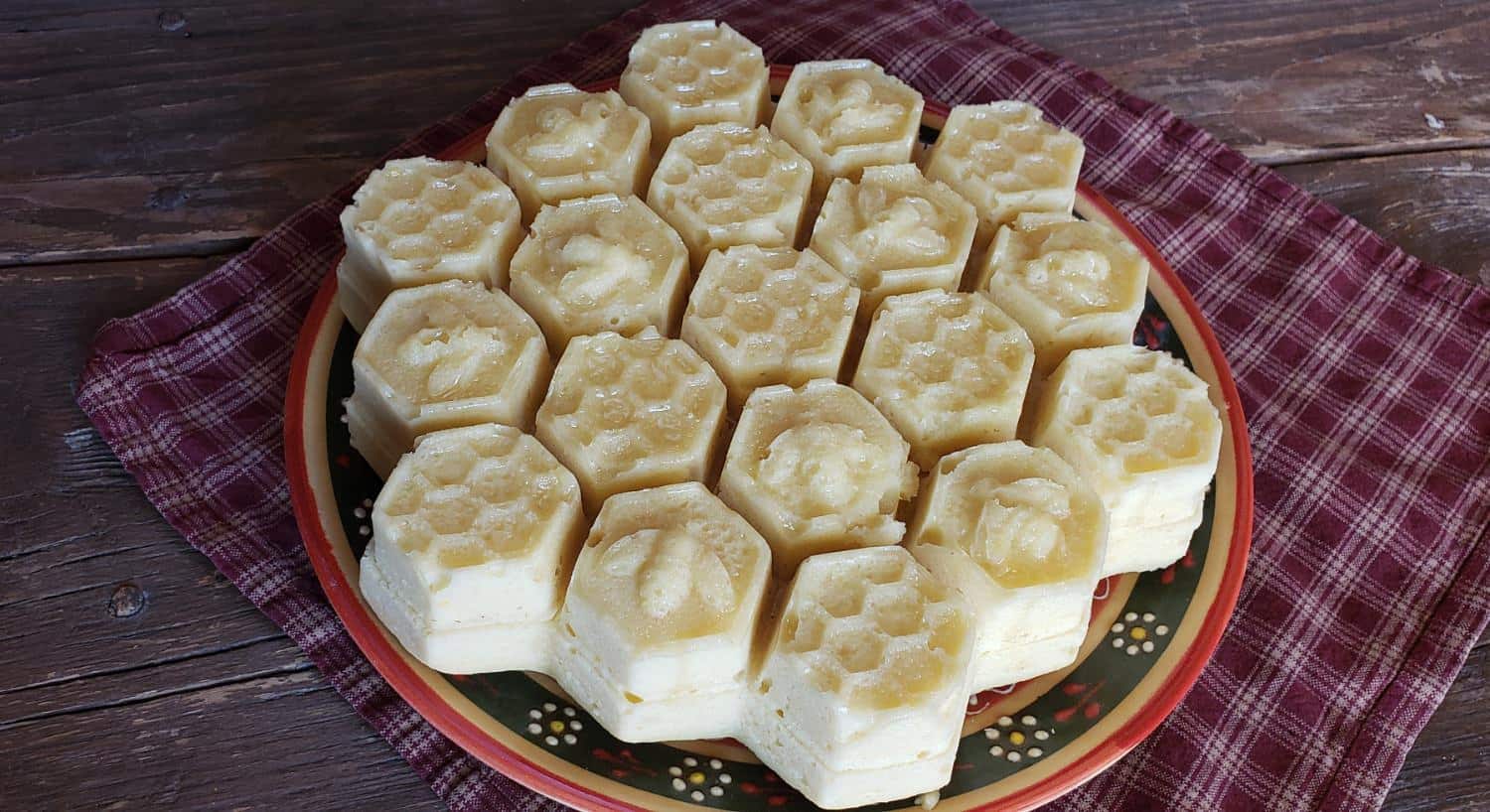 Close up view of a dessert in the shape of honeycomb