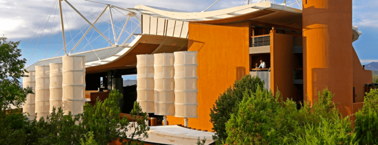 Santa Fe Opera House, a unique design in rust orange and cream