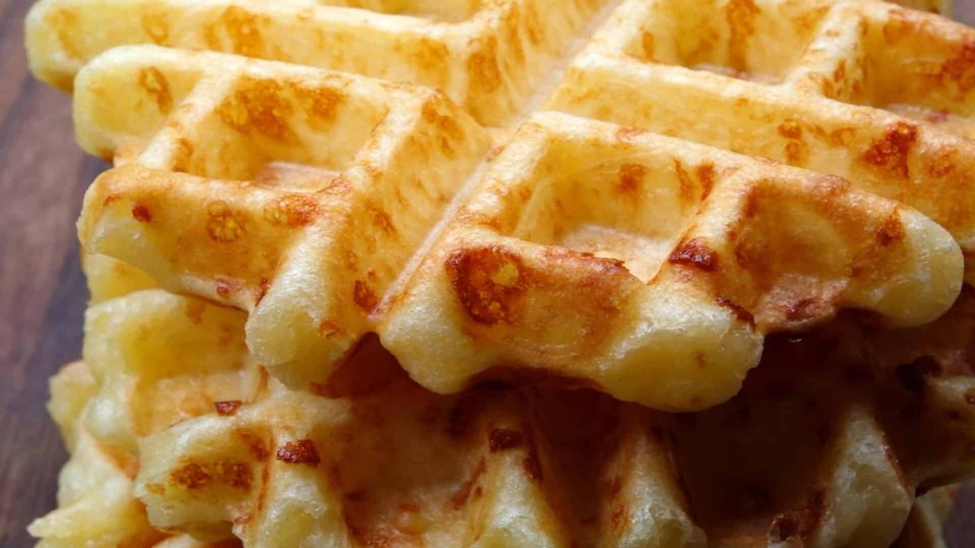 Close up of a stack of golden brown savory waffles