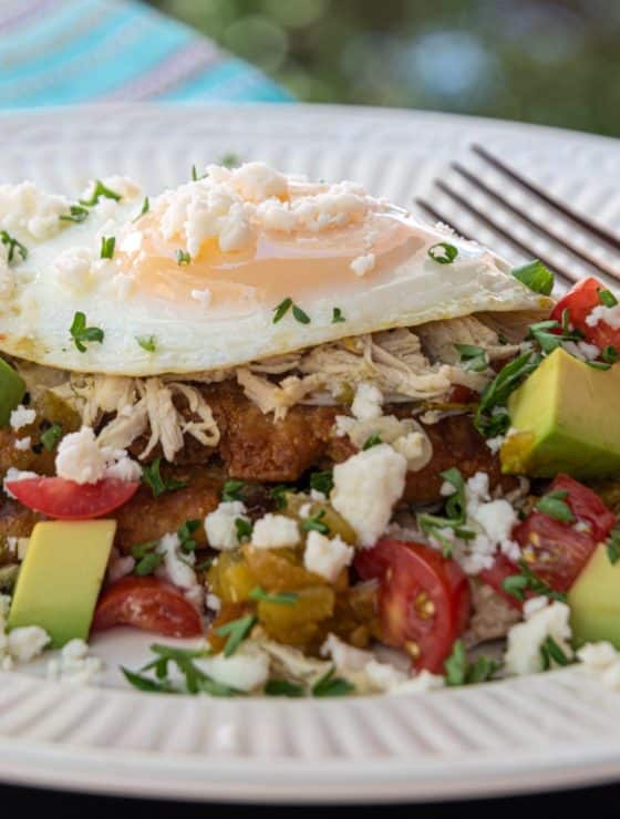New Mexican Sope topped with shredded Chicken, Green Chile, Egg, Avocado, Diced Tomatoes, and queso Fresco