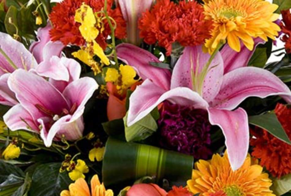 Colorful flower bouquet with pink iris, yellow daisies and red carnations.