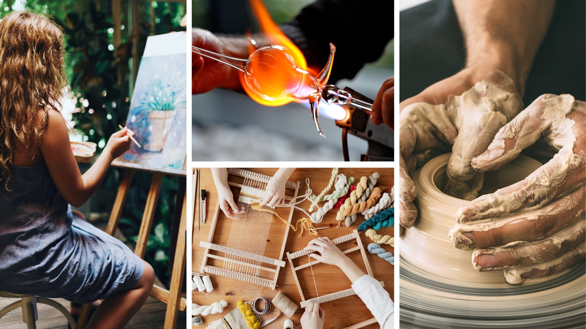 A collage of four images with a woman painting outdoors, a man blowing glass, two people weaving fabrics, and a man making pottery