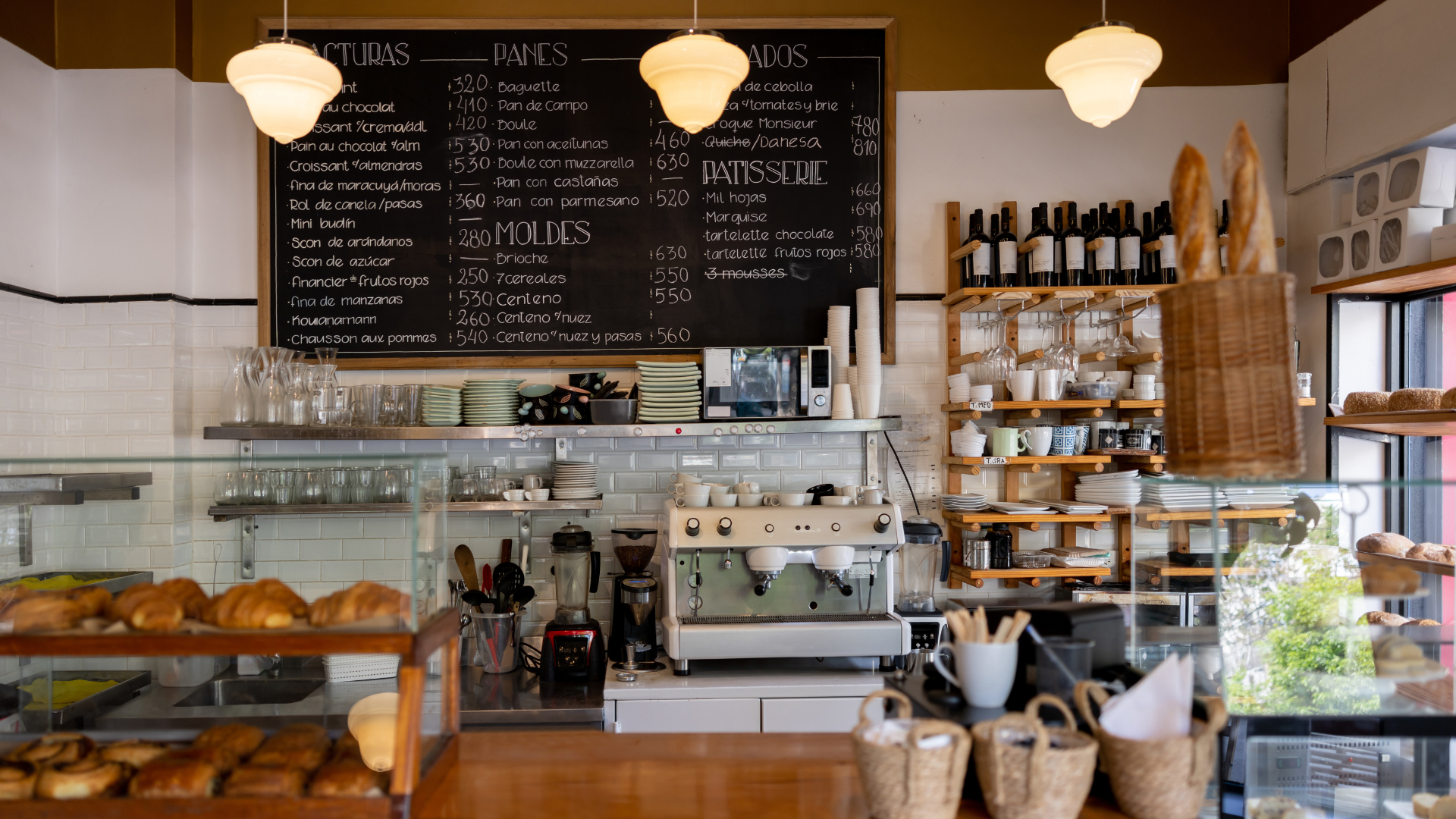 cozy coffee shop interior with pastries espresso machine and chalkboard menu