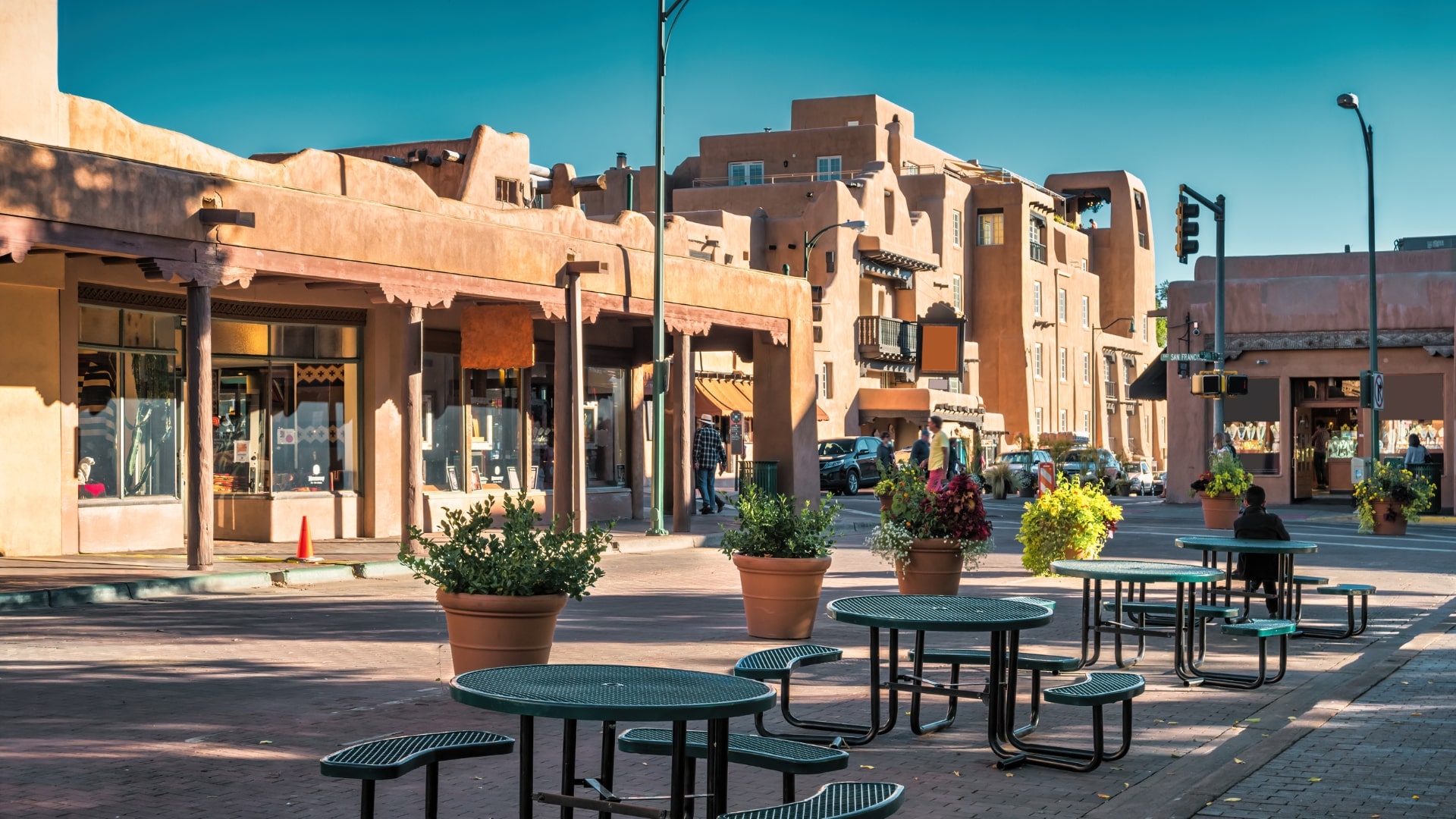 The historic Plaza of downtown Santa Fe with a vintage filter