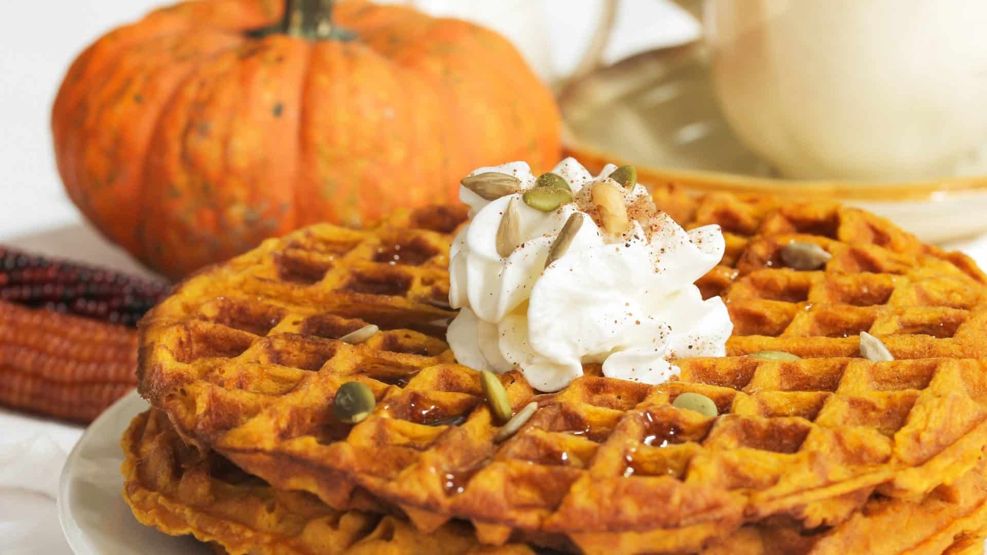 Pumpkin waffles topped with whipped cream and a pumpkin in the background