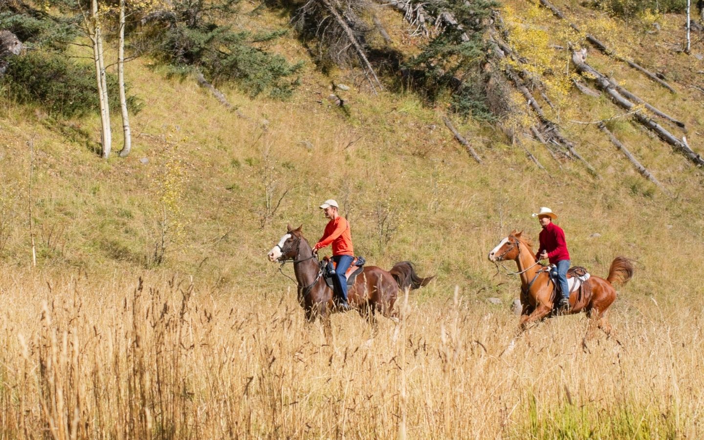 Two men riding horseback along the side of a foothill