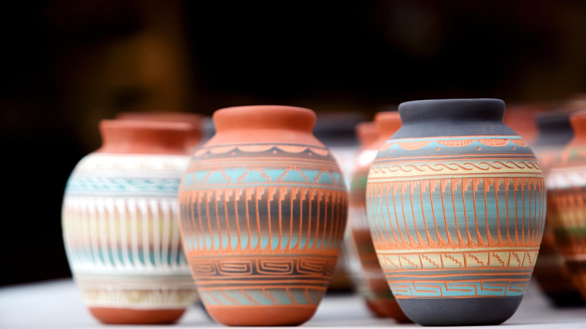 A collection of New Mexico Native American painted clay pots
