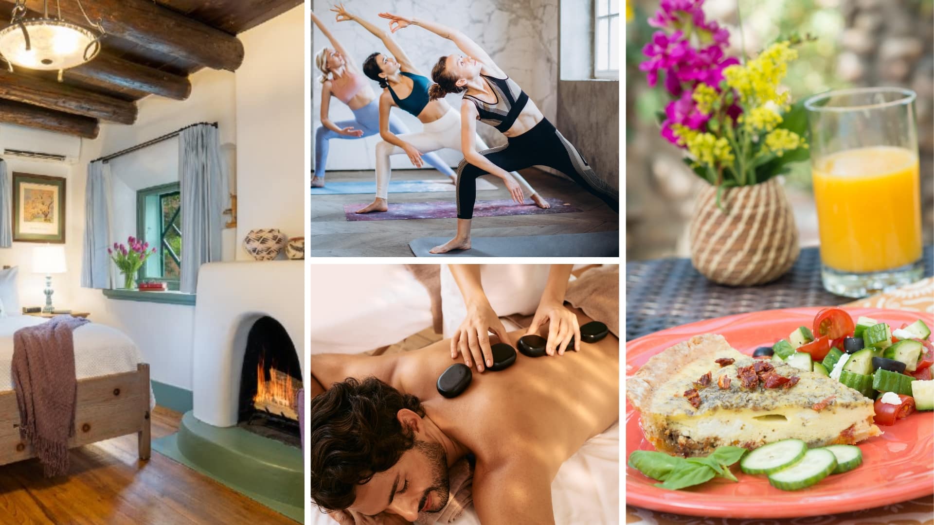 Collage of bed and fireplace of guestroom at Inn of the Turquoise Bear, three women practicing yoga, man getting a massage with hot stones, breakfast plate and glass of orange juice