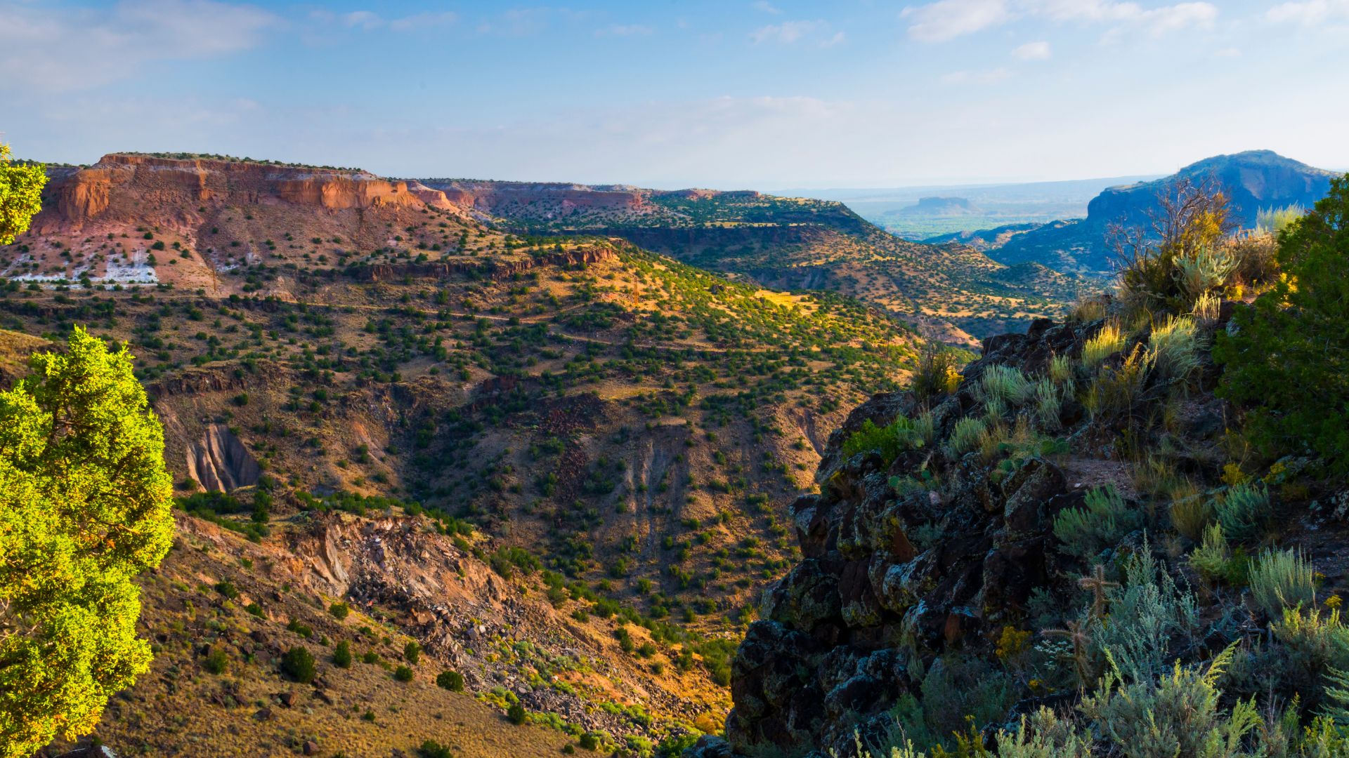 A scenic view of the rocky canyons at White Rock Overlook outside of Santa Fe, New Mexico