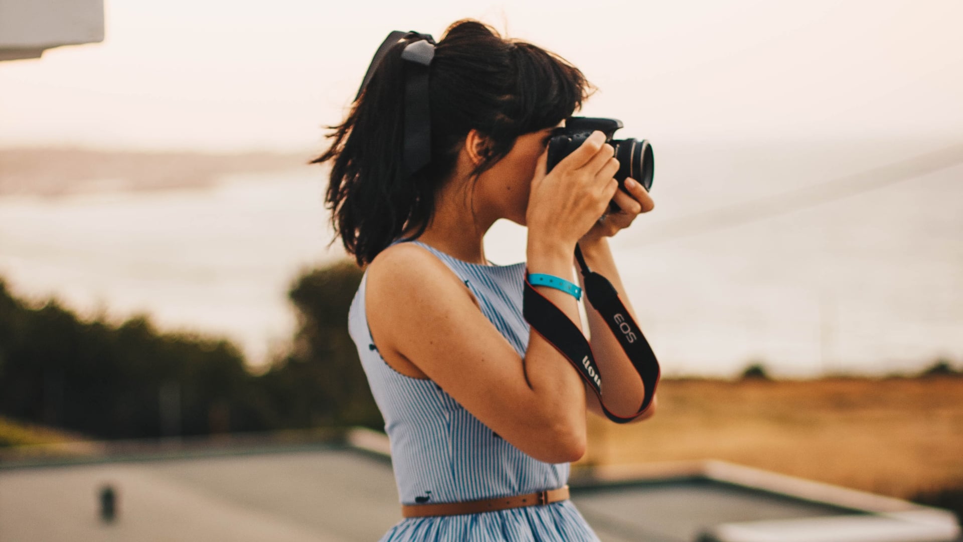 A woman in a blue dress taking a photo of the landscape